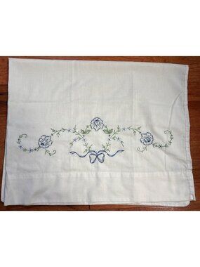 Hand Embroidered Pillowcase Floral & Ribbon Design White Cotton Vintage
